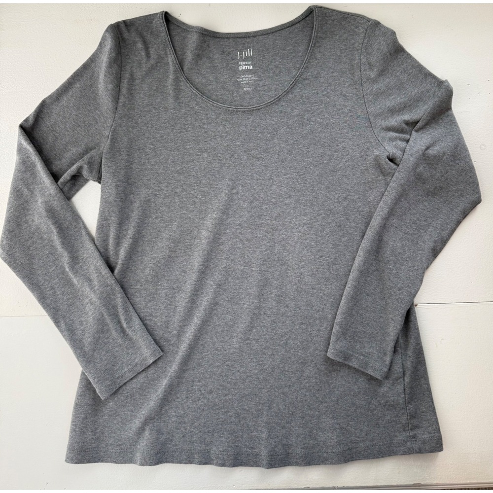 J Jill Perfect Pima Cotton Gray Long Sleeve Scoop Neck Shirt Large Petite